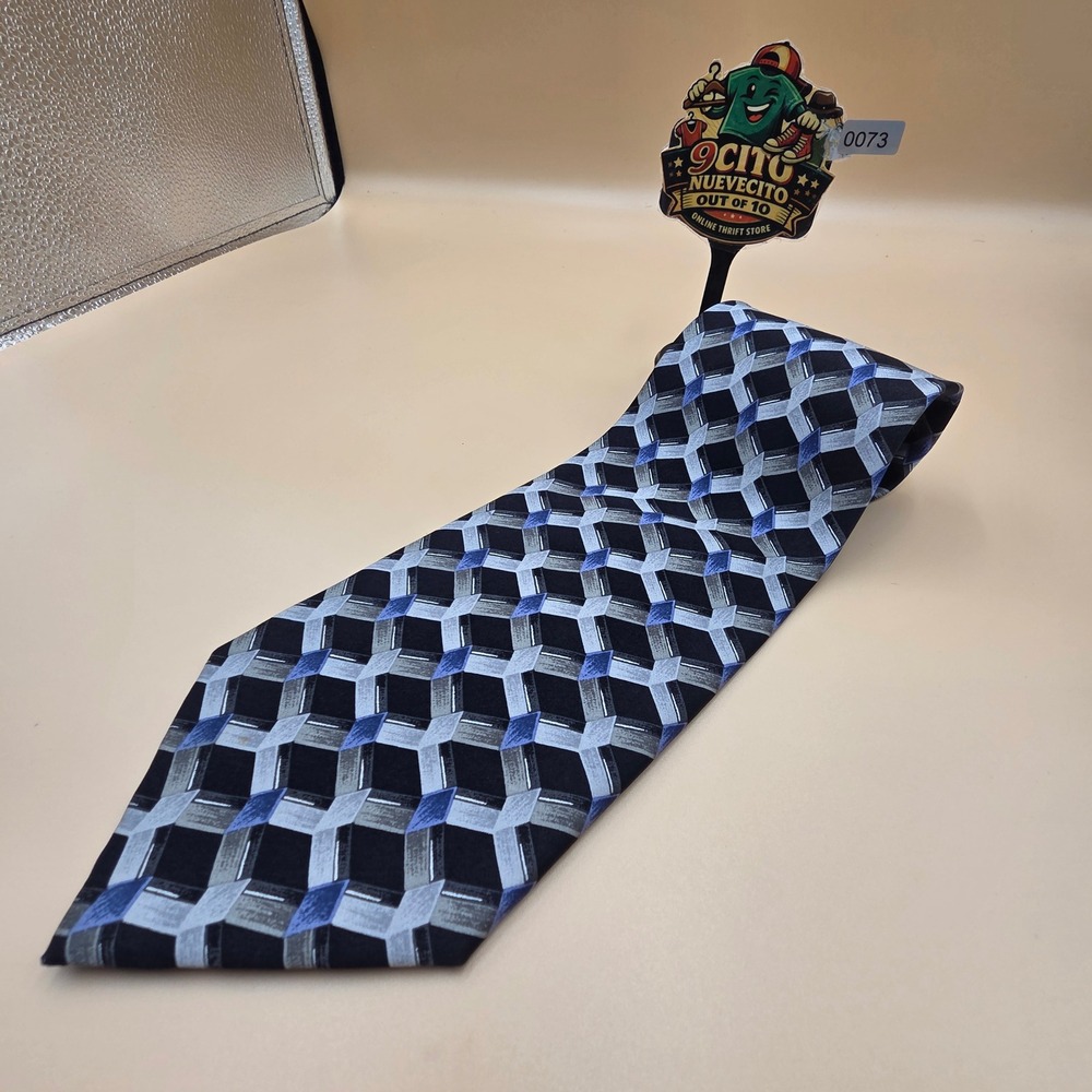Laurant‎ Benon Paris Mens Silk Tie Blue Grey Black Geometric Geometric Hand Made
